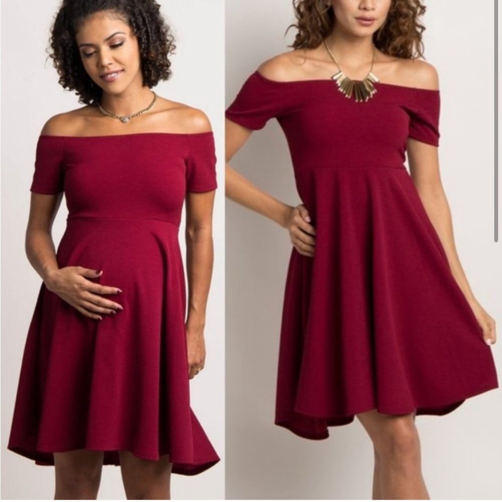 Pinkblush Burgundy Fit & Flare Off Shoulder Short Mini Maternity Red Dress New